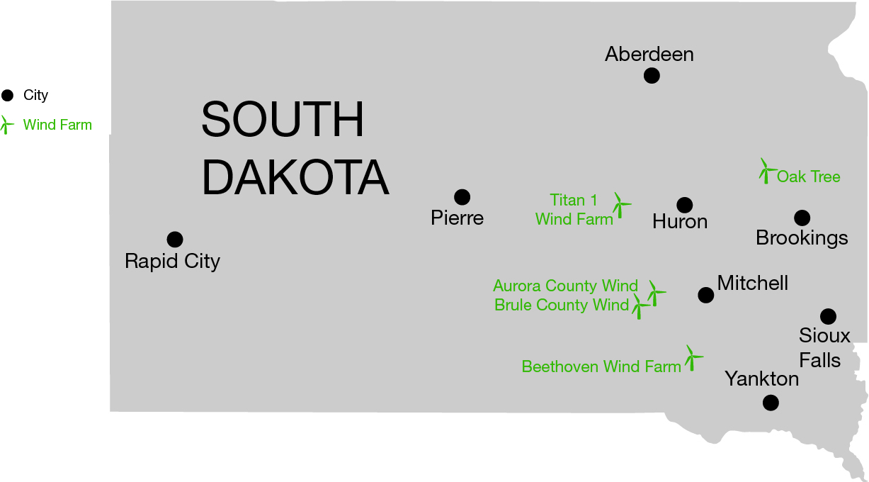 A map of South Dakota Wind generation facilities